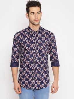 SHOWOFF - Men's Cotton Casual Blue Printed Slim Fit Shirt