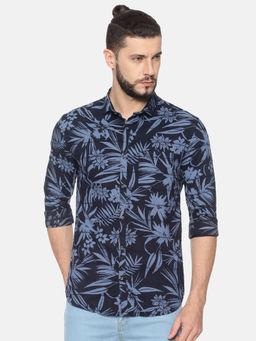 SHOWOFF - Cotton Blue Floral Prints Casual Slim Fit Shirt