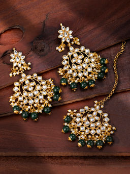 Peora - Green Kundan Pair of Earrings & Maang Tikka (Set of 2)-PF24ET4146G