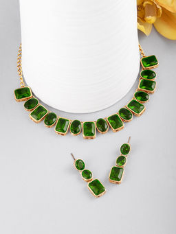 Peora - Green Stones Necklace and Pair of Earrings (Set of 2)-PF24N10098G