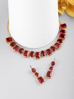 Peora - Maroon Stones Necklace and Pair of Earrings (Set of 2)-PF24N10098M