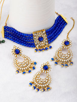 Peora - Blue Kundan Necklace & Pair of Earrings and Maang Tikka (Set of 3)-PF24N2929B