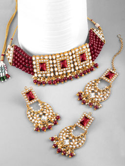 Peora - Maroon Kundan Necklace & Pair of Earrings and Maang Tikka (Set of 3)-PF24N2931M