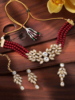 Peora - Maroon Brass Choker Necklace and Earrings & Maang Tikka (Set of 3)-PF24N10204M