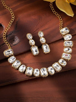 Peora - Gold Plated Wedding Square Crystal Necklace Drop Earrings Traditional Set-PF24N10098W