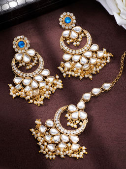 Peora - Gold Plated Kundan Pearl Chandbali Earrings Maang Tikka Traditional Jewellery-Set of 2