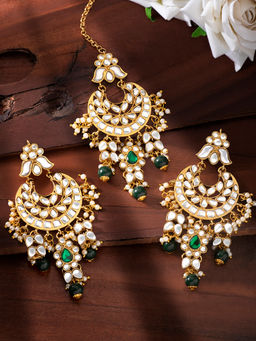 Peora - Gold Plated Pearl Kundan Chandbali Earring Maang Tikka Set Traditional Jewellery-Set of 2