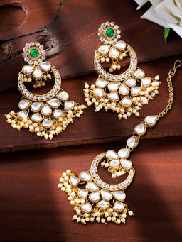 Peora - Gold Plated Kundan Chandbali Earrings & Maang Tikka Jewellery (Set of 2)-PF24ET4153G