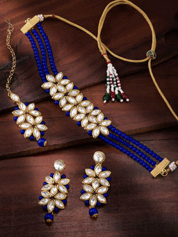 Peora - Gold Plated Pearl Kundan Choker Necklace Earring Maang Tikka Jewellery (Set of 3)-PF24N2879B