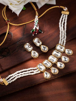 Peora - Crystal Pearl Traditional Ethnic Choker Necklace & Earrings Jewellery (Set of 2)-PF24N2905W