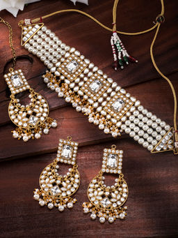 Peora - Gold Plated Jodha Akbar Crystal Pearl Choker Necklace (Set of 3)-PF24N2931W