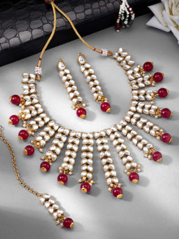 Peora - Traditional Kundan & Pearl Drop Bridal Dulhan Necklace Earring Jewellery (Set of 3)-PF24N2936M