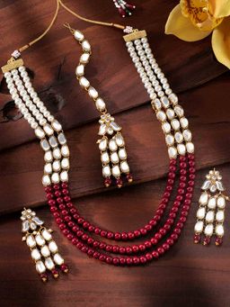 Peora - Gold Plated Kundan Pearl Long Necklace Earring Maang Tikka Traditional Jewellery-PF24N204M