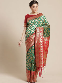 Sareemall - Green Silk Printed Saree with Unstitched Blouse