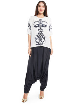 PS Pret by Payal Singhal - Crepe White Printed Top With Dhoti Pant (Set of 2)