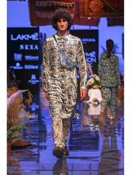 PS Men by Payal Singhal - Aziz White Printed Velvet Kurta and Silkmul Churidar - Set of 2