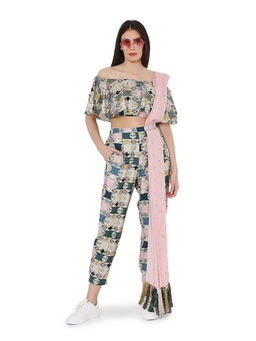 PS Pret by Payal Singhal - Off Shoulder Top With Jogger Pant and Mukaish Dupatta (Set of 3)