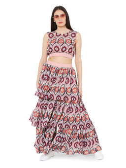 PS Pret by Payal Singhal - Red Printed Art Silk Balloon Top With Layered Sharara Pant (Set of 2)