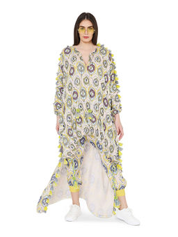 PS Pret by Payal Singhal - Yellow Printed Art Oversized High-Low Kaftan Top with Jogger Pant (Set of 2)