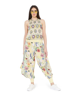 PS Pret by Payal Singhal - Yellow Printed Art Crepe Top With Bustier and Cowl Pant Set (Set of 3)