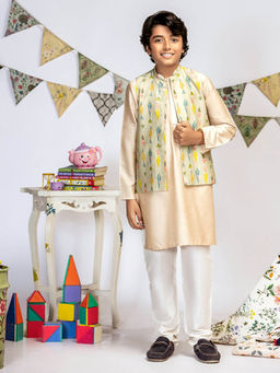 PS Kids by Payal Singhal - Green Printed Stone Kurta And Off White Churidar (Set of 3)