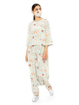 PS Pret by Payal Singhal - Printed Top With Low Crotch Pant And Matching Reversible 3 Ply Mask (Set of 3)