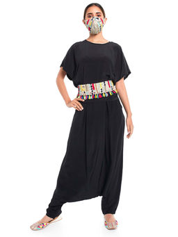 PS Pret by Payal Singhal - Black Kaftaan Top And Low Crotch Pant With Mask And Tie-Up Belt (Set of 4)