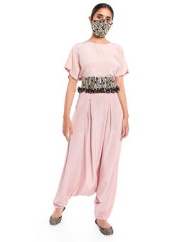 PS Pret by Payal Singhal - Blush Kaftaan Top And Low Crotch Pant With Black Mask And Tie-Up Belt (Set of 4)