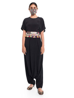 PS Pret by Payal Singhal - Black Kaftaan Top And Low Crotch Pant With Black Mask And Tie-Up Belt (Set of 4)