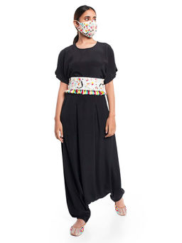 PS Pret by Payal Singhal - Black Short Kaftaan Top And Low Crotch Pant With Mask And Tieup Belt (Set of 4)