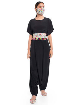 PS Pret by Payal Singhal - Short Kaftaan Top And Crotch Pant With Embroidered Mask And Tieup Belt (Set of 4)