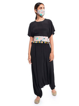 PS Pret by Payal Singhal - Short Kaftaan Top And Low Crotch Pant With Mask And Tieup Belt (Set of 4)