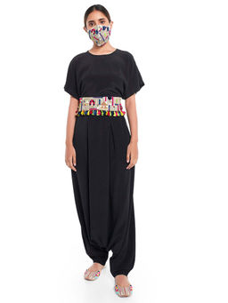PS Pret by Payal Singhal - Short Kaftaan Top And Low Crotch Pant With Dupion Mask And Tie Up Belt (Set of 4)