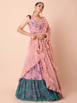 Indya - Rose Pink Ruffled Embellished Dupatta