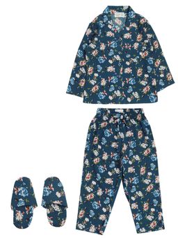 PICCOLO - Teal Blue Full Sleeves Printed Top And Pyjama Set With Slippers (Set of 3)
