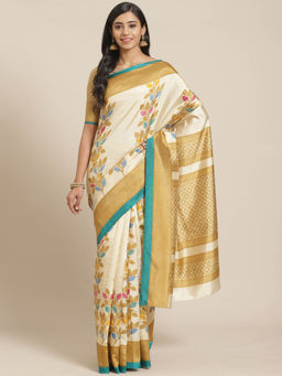 Akhilam - Beige Printed Saree With Unstitched Blouse