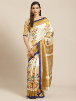 Akhilam - Beige Printed Saree With Unstitched Blouse