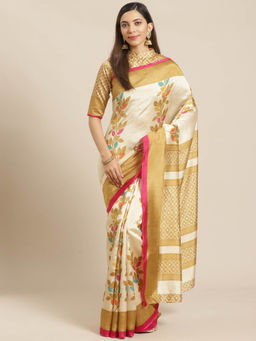 Akhilam - Beige Printed Saree With Unstitched Blouse