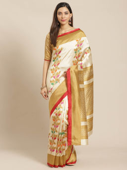 Akhilam - Beige Printed Saree With Unstitched Blouse