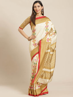 Akhilam - Beige Floral Printed Saree With Unstitched Blouse