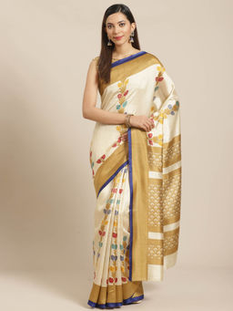 Akhilam - Beige Floral Printed Saree With Unstitched Blouse