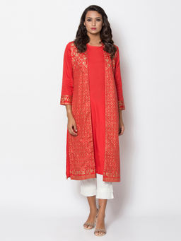 Biba - Red Printed Front Open Kurta With Inner (Set of 2)