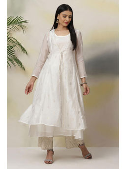 Biba - Off White Flared Poly Modal Kurta