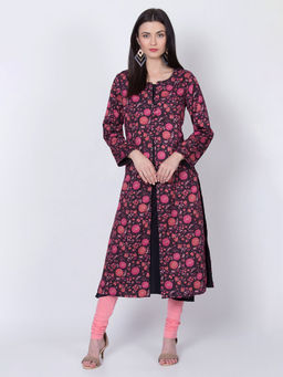 Biba - Black Floral Front Open Kurta With Inner (Set of 2)