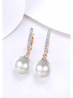 Peora - Gold Plated Diamondd Cut Cz Hanging Pearl Clutch Back Drop Earrings Jewellery-PX8E57