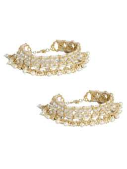 Accessher - Gold-Plated White Kundan Bridal Anklet/ Payal Set Of 2 For Women With Pearls And Beads