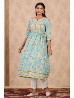 QOMN - Green Floral Printed A-line Kurta