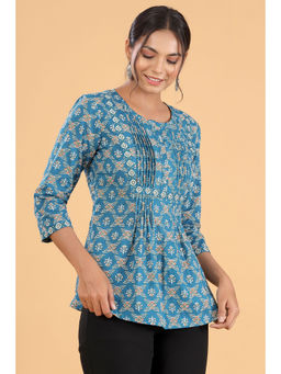 QOMN - Teal Printed Pintucks Detail Top