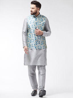 SOJANYA - Mens Silk Blend Grey Kurta With Pyjama & Blue Printed Nehru Jacket (Set of 3)