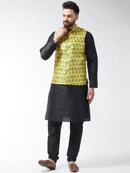 SOJANYA - Mens Silk Blend Black Kurta With Pyjama & Lime Green Printed Nehru Jacket (Set of 3)